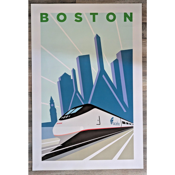 Vintage Travel Poster Amtrak Acela Boston Modernist Advertising 24" x 36"